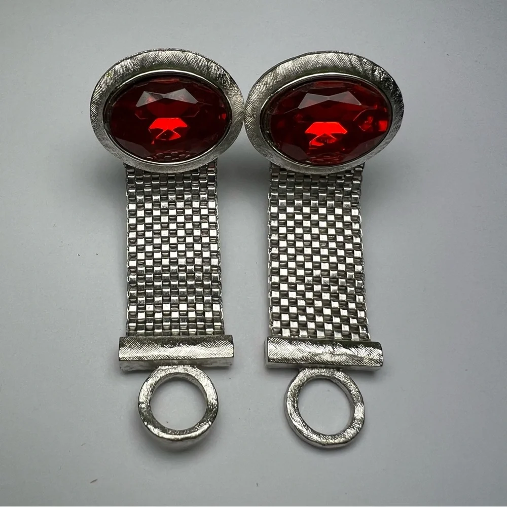 Dante vintage cufflinks red rhinestone silver tone metal